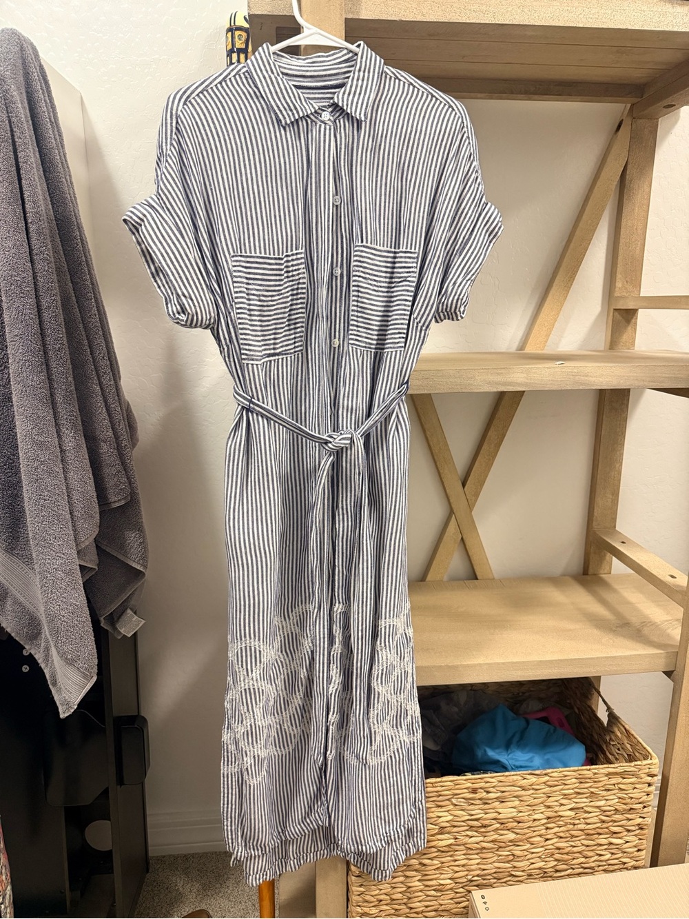Maeve Blue and White Striped Midi Shirt Dress